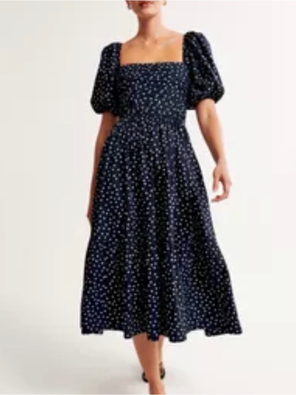 Abercrombie & Fitch Emerson Navy and White Polka Dot Square-Neck Midi Dress
